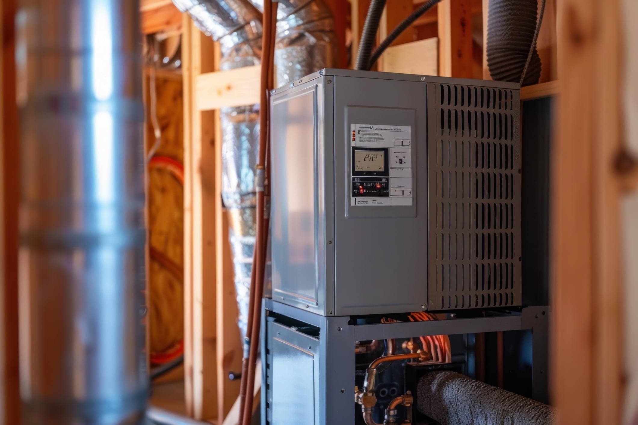 Modern HVAC system in utility room.