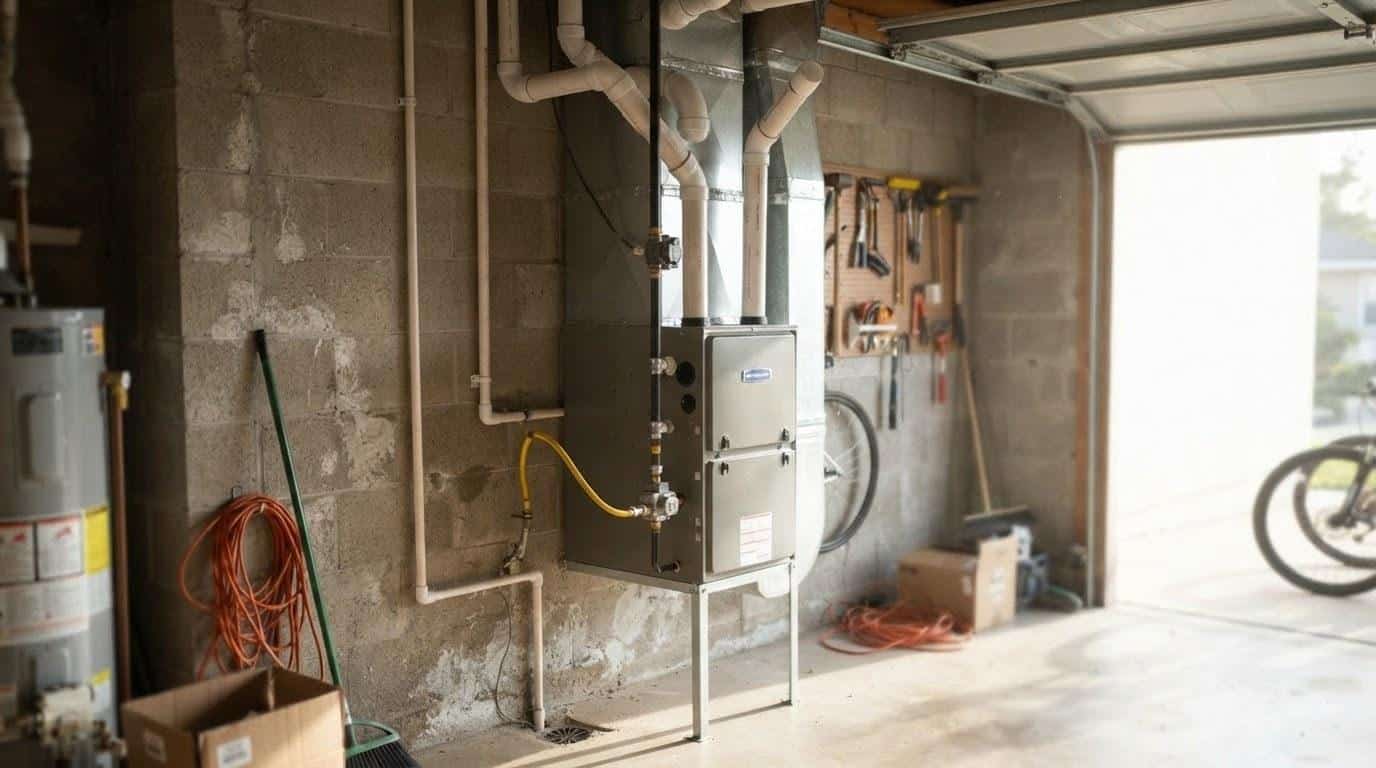 Residential gas furnace installed in a garage utility area in Southern California