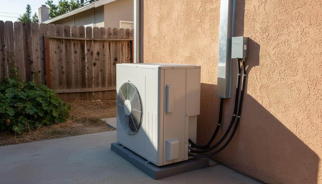New central AC condenser unit installed on concrete pad beside a Southern California home exterior