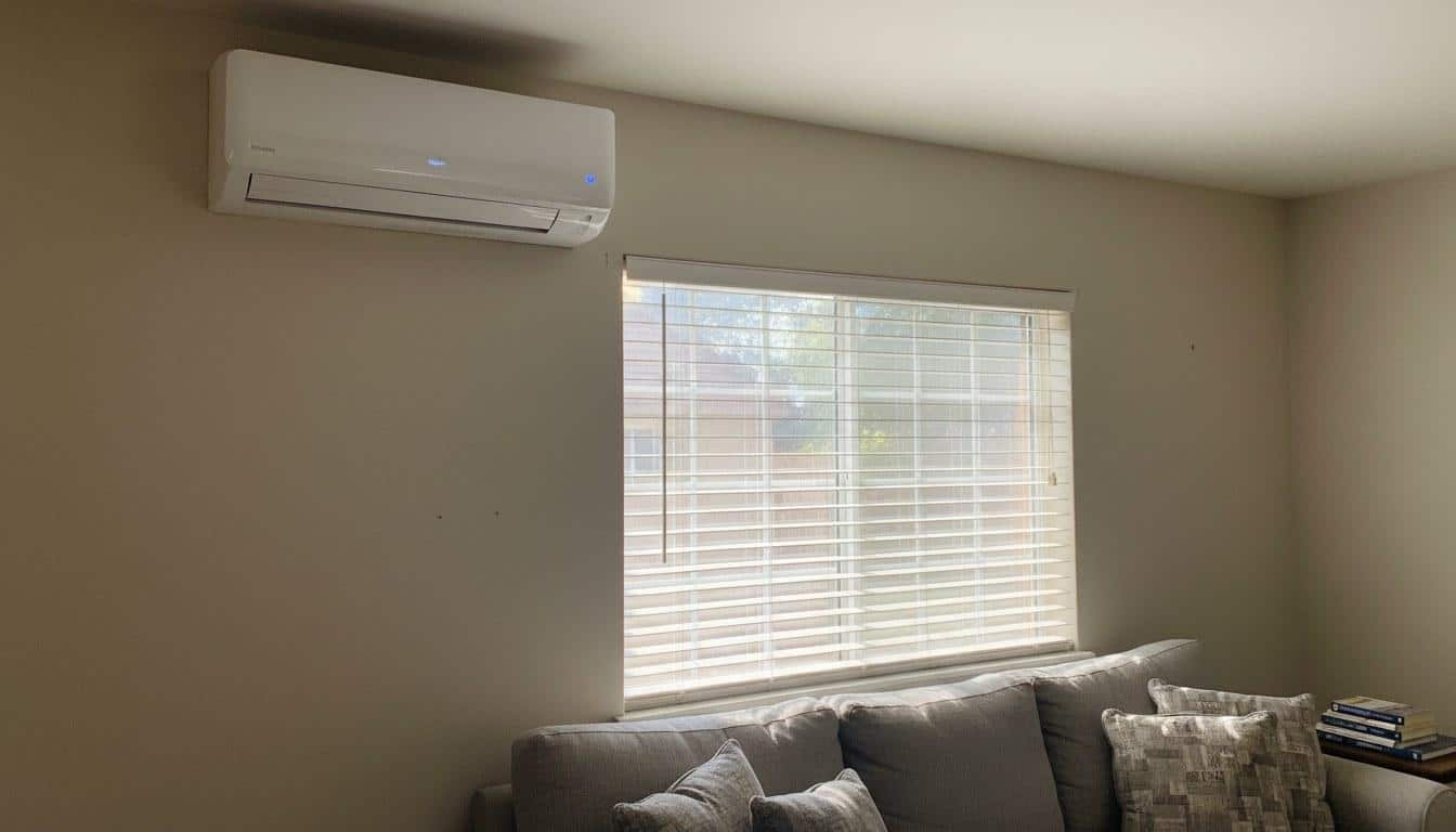Ductless mini-split indoor air handler mounted on a living room wall in a Southern California home